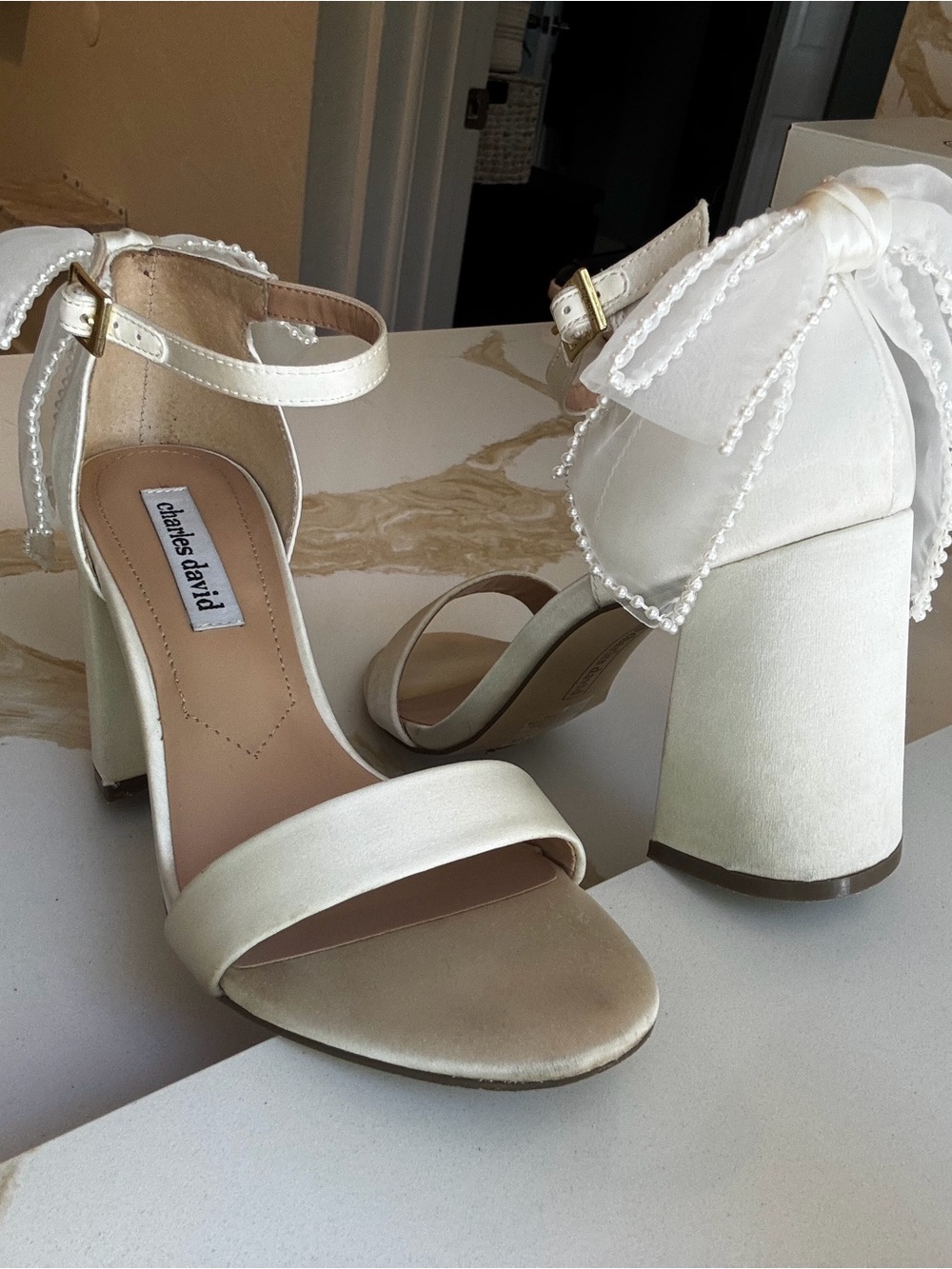 Charles David Ivory Satin Block Heel Sandals with Pearl-Trim Bow